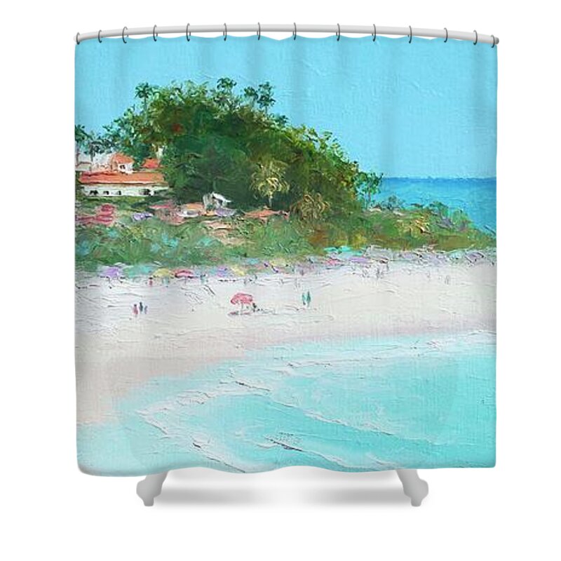 San Clemente Beach Shower Curtain featuring the painting San Clemente Beach Panorama by Jan Matson