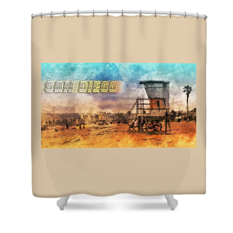 San Diego Shower Curtain featuring the mixed media San Diego Lifeguard Tower by Bryant Coffey