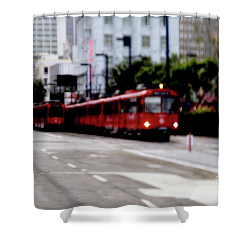 Red Trolley Shower Curtain featuring the photograph San Diego Red Trolley by Linda Shafer