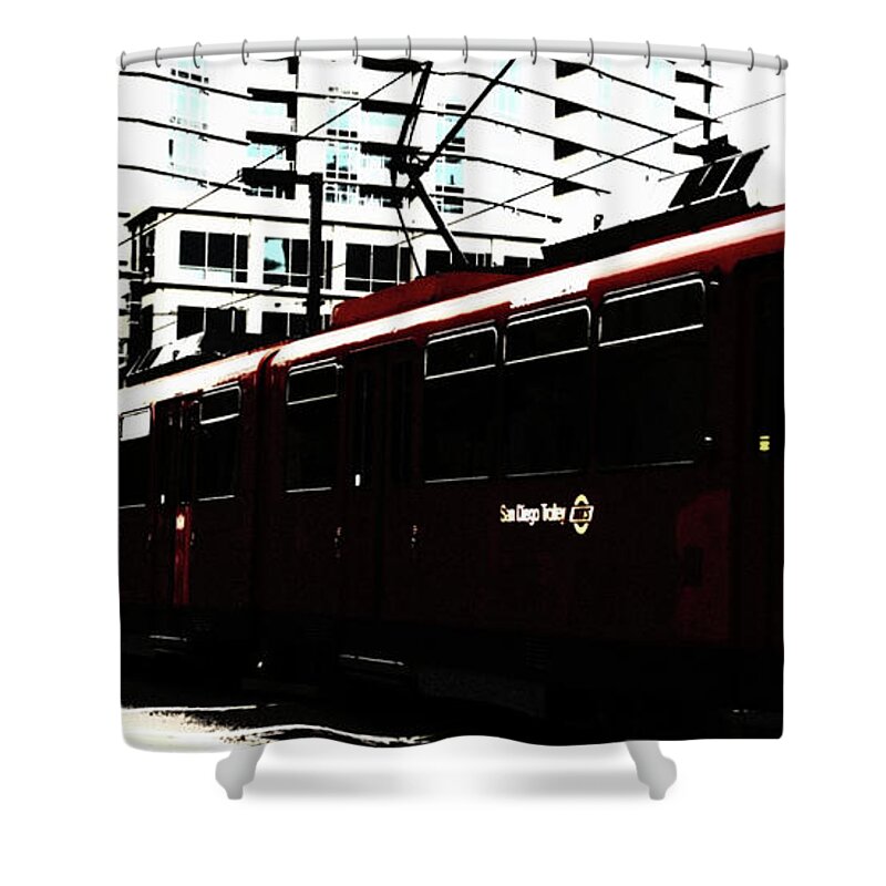Red Shower Curtain featuring the photograph San Diego Trolley by Linda Shafer