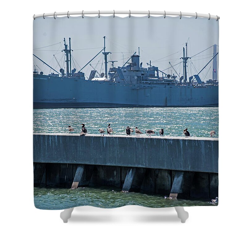 San Shower Curtain featuring the photograph San Francisco Battle Ship Pier 39 Fisherman's Wharf by Toby McGuire
