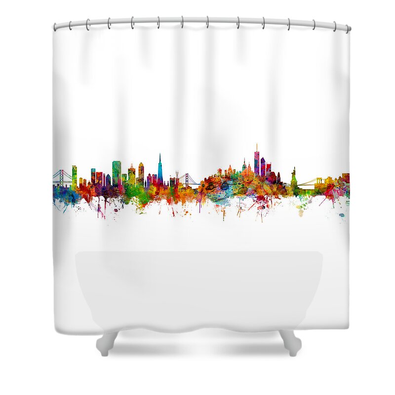 San Francisco Shower Curtain featuring the digital art San Francisco New York Skyline Mashup by Michael Tompsett
