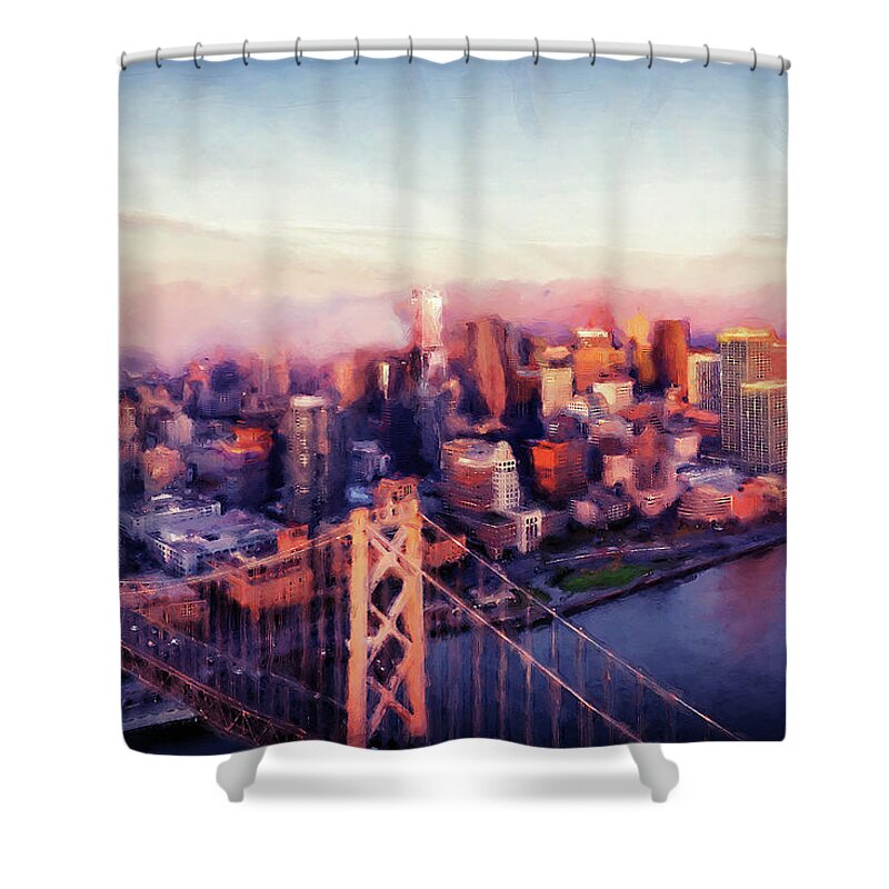 San Francisco Night Shower Curtain featuring the painting San Francisco, Panorama - 03 by AM FineArtPrints