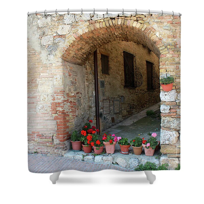 Italy Shower Curtain featuring the photograph San Gimignano flowers in Archway by Adam Long