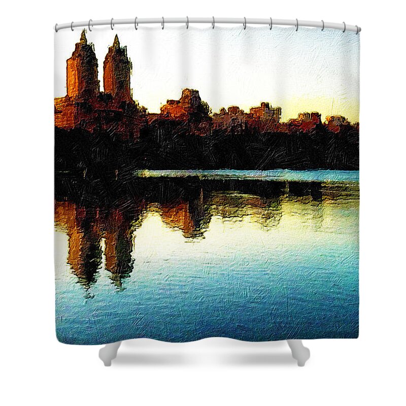 Manhattan Skyline Shower Curtain featuring the painting San Remo NYC by Tony Rubino