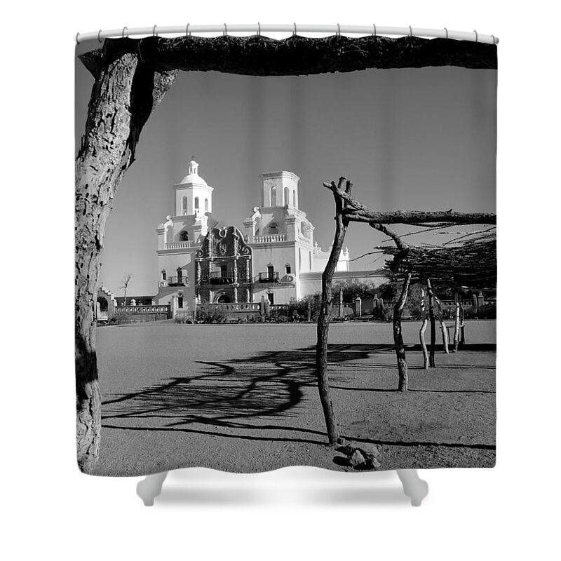 Old Shower Curtain featuring the photograph San Xavier del Bac, Monochrome by Gordon Beck