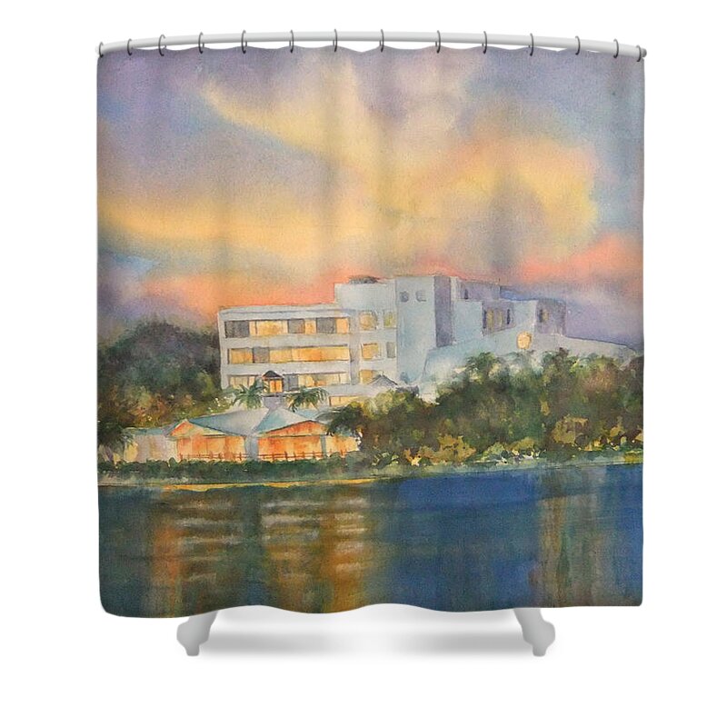 Sandcastle Hotel In Clearwater Florida Shower Curtain featuring the painting Sandcastle Retreat by Debbie Lewis