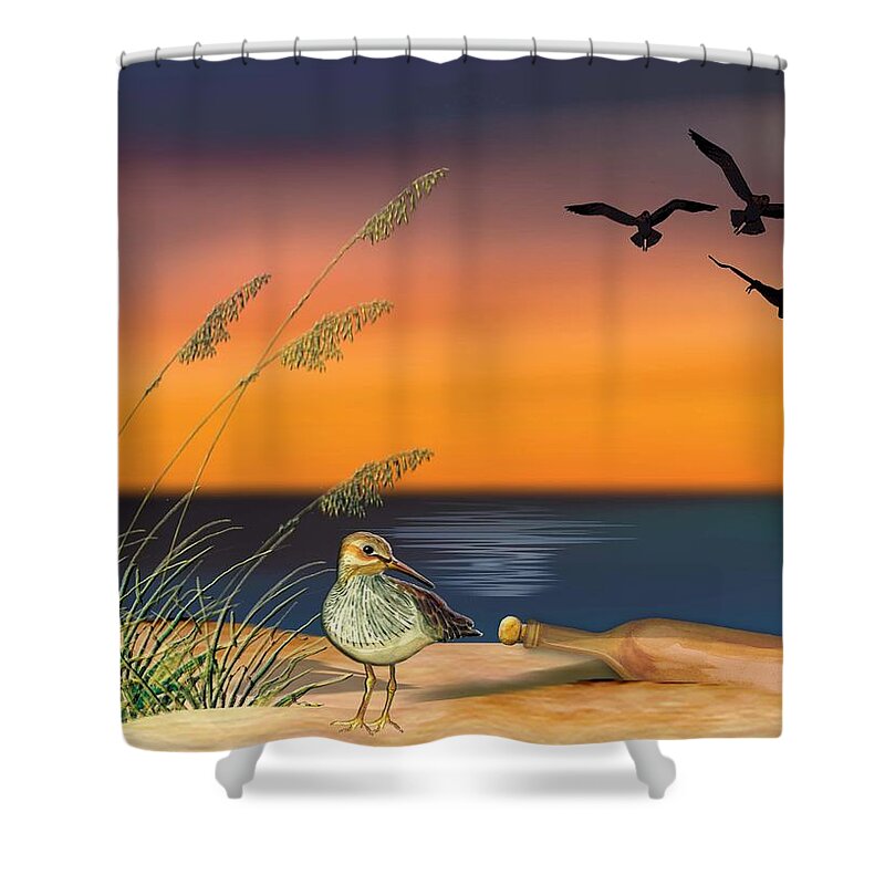 Sunset Shower Curtain featuring the painting Sandpiper for Angel by Anne Beverley-Stamps