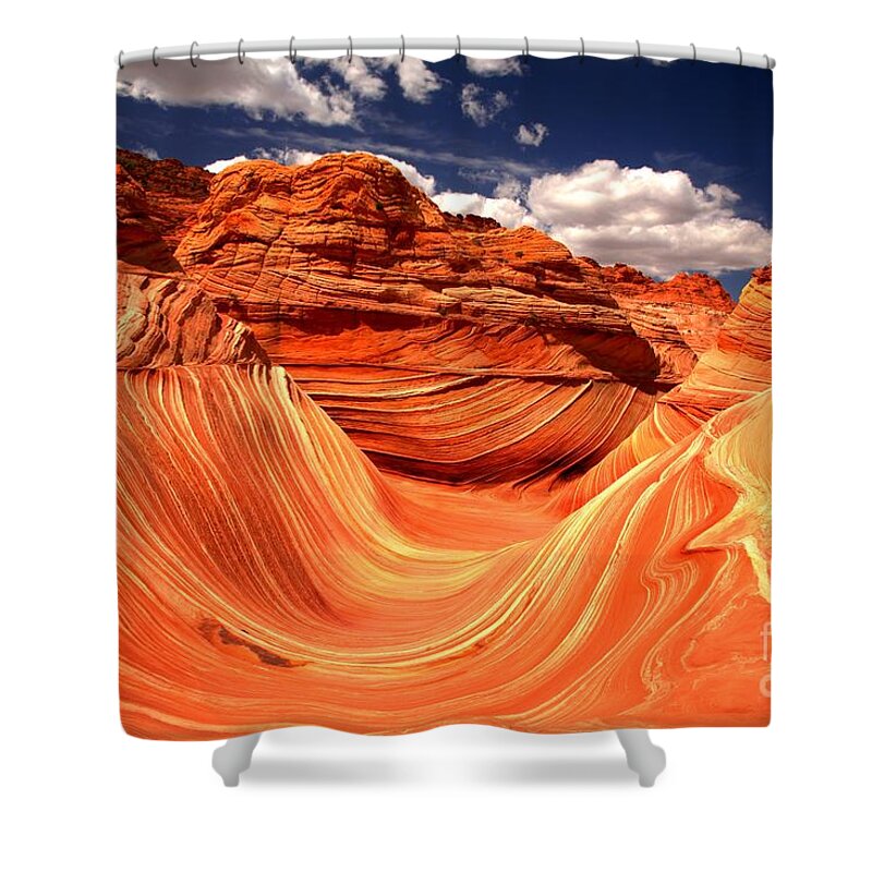 The Wave Shower Curtain featuring the photograph Sandstone Waves And Clouds by Adam Jewell