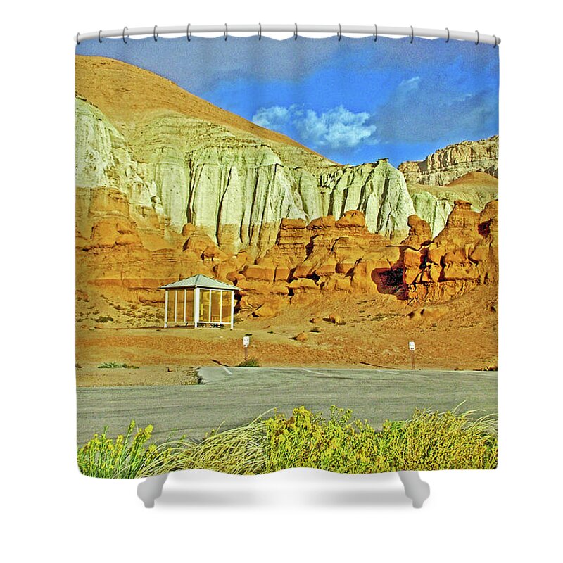 Sandstorm In The Campground In Goblin Valley State Park Shower Curtain featuring the photograph Sandstorm in the Campground in Goblin Valley State Park, Utah by Ruth Hager