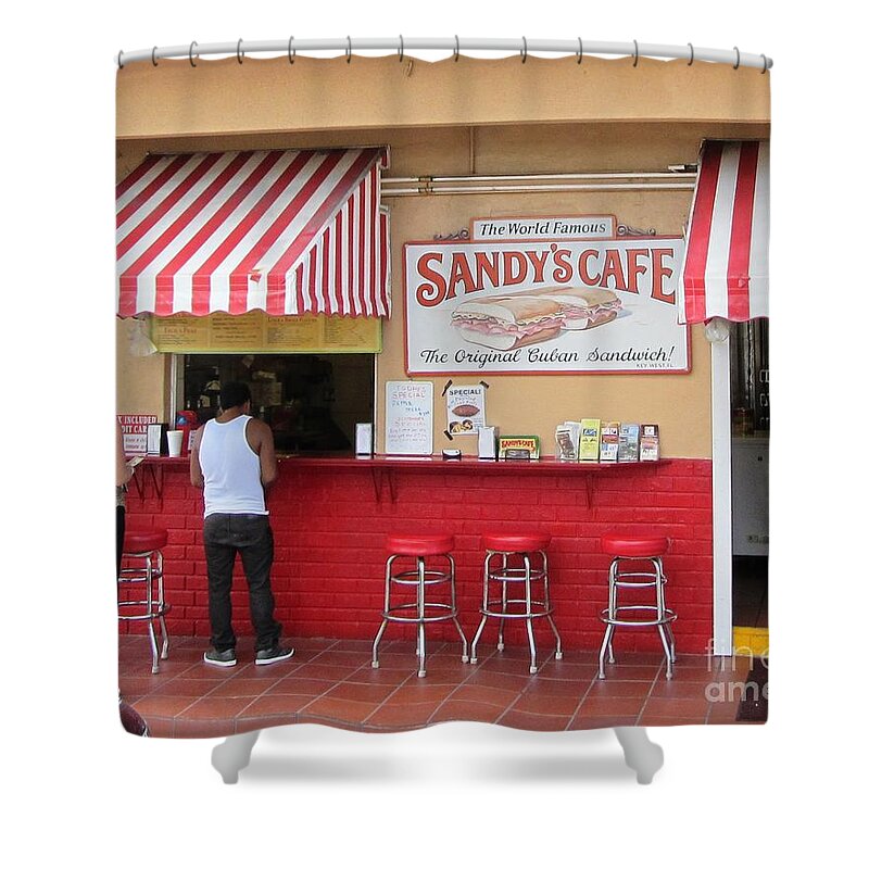 World Famous Sandy's Cafe In Key West Florida. Home Of The Original Cuban Mix Sandwich Shower Curtain featuring the photograph Sandy's Cafe Key West by Daniel Diaz