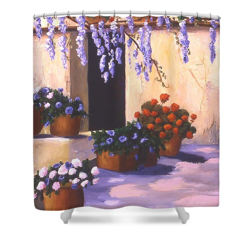 Cityscape Shower Curtain featuring the painting Sangria Time by Mary Erbert