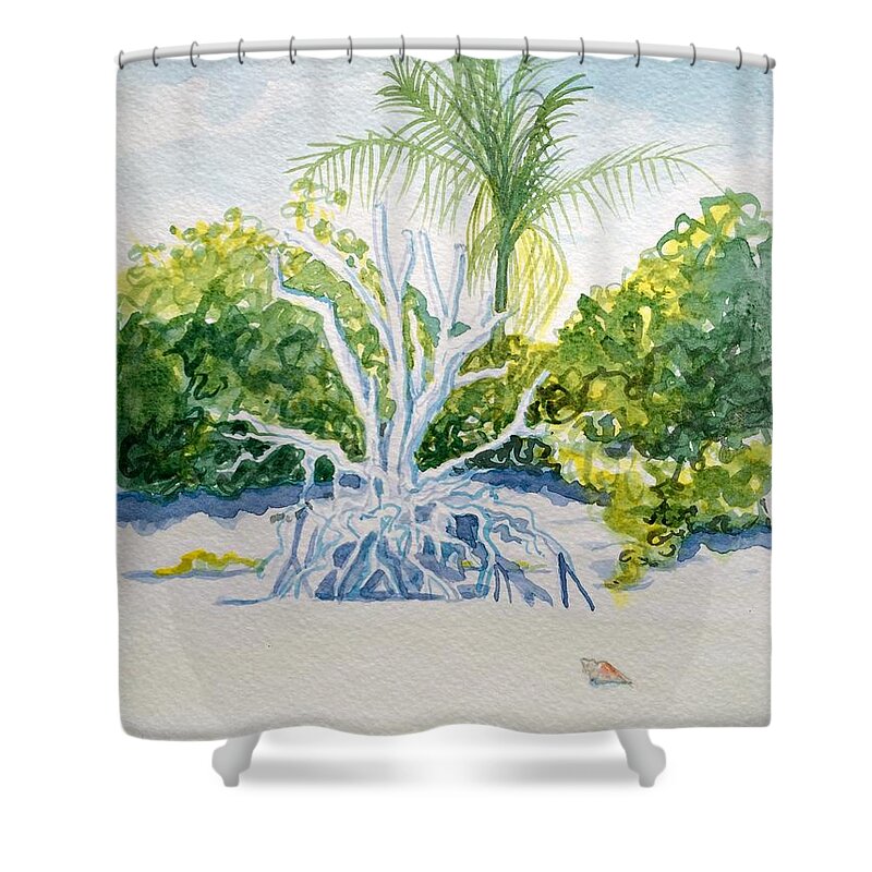 ️️sanibel Florida Beach Nature Beachhouse Coastal Tropical Palmtree Mangrove ️sanibel Island ️shells Shower Curtain featuring the painting Sanibel Lighthouse Stump by Maggii Sarfaty