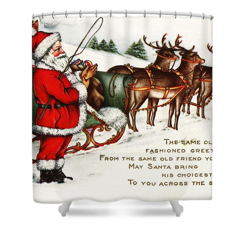 Santa And His Reindeer Greetings Merry Christmas Shower Curtain featuring the painting Santa and his reindeer greetings merry christmas by Vintage Collectables