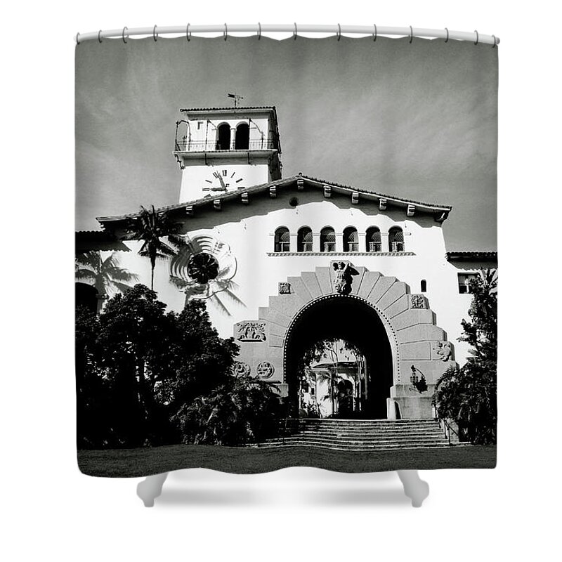 Santa Barbara Shower Curtain featuring the mixed media Santa Barbara Courthouse Black And White-by Linda Woods by Linda Woods