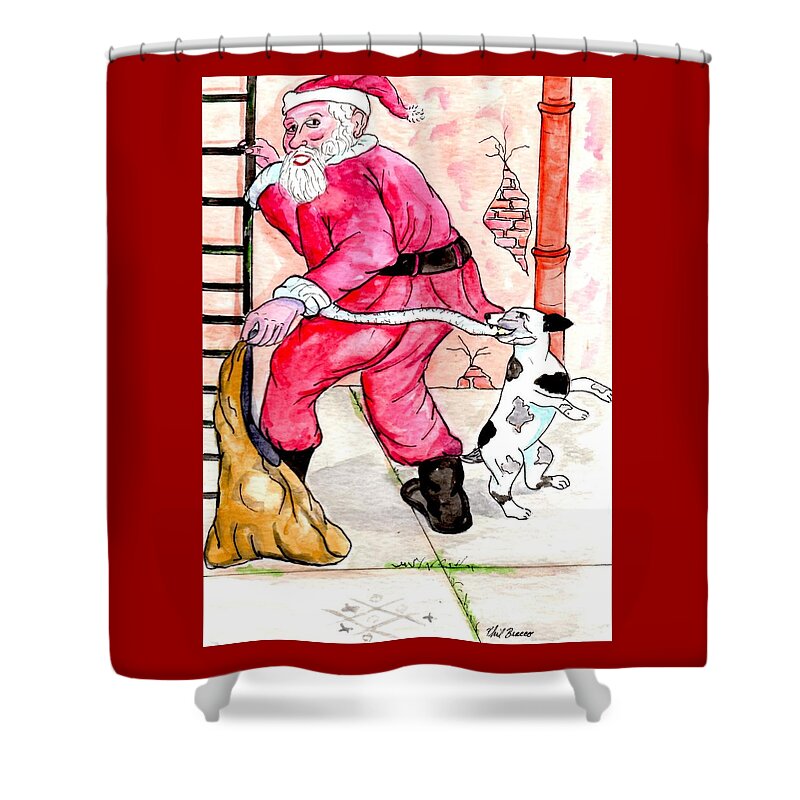 Santa Shower Curtain featuring the mixed media Santa Climbs The Ladder by Philip And Robbie Bracco