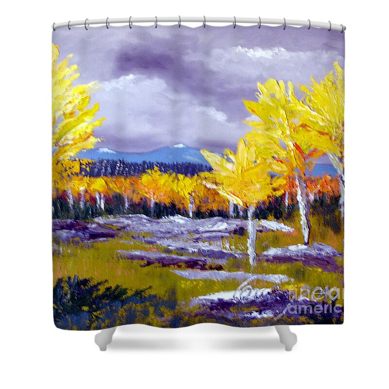 Landscape Shower Curtain featuring the painting Santa Fe Aspens series 4 of 8 by Carl Owen