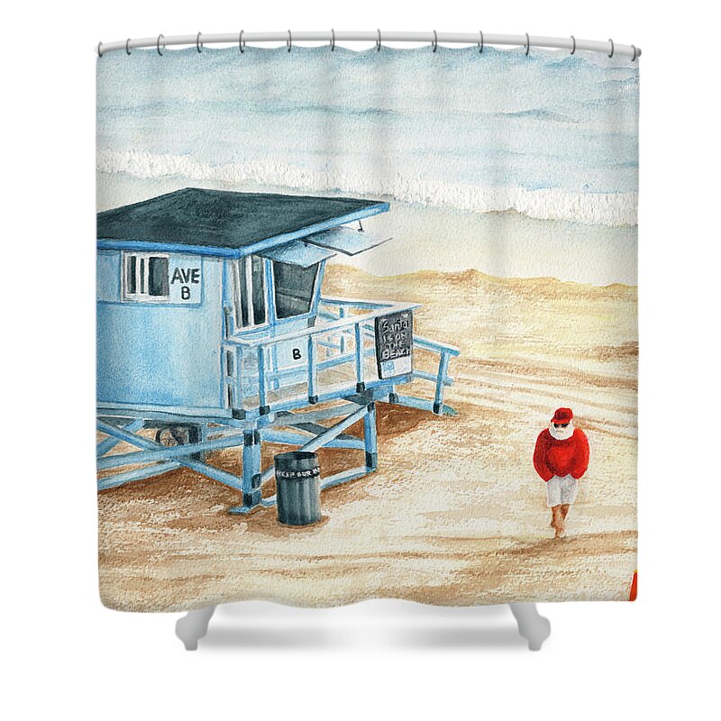 Santa On The Beach Shower Curtain featuring the painting Santa is on the Beach by Lori Taylor