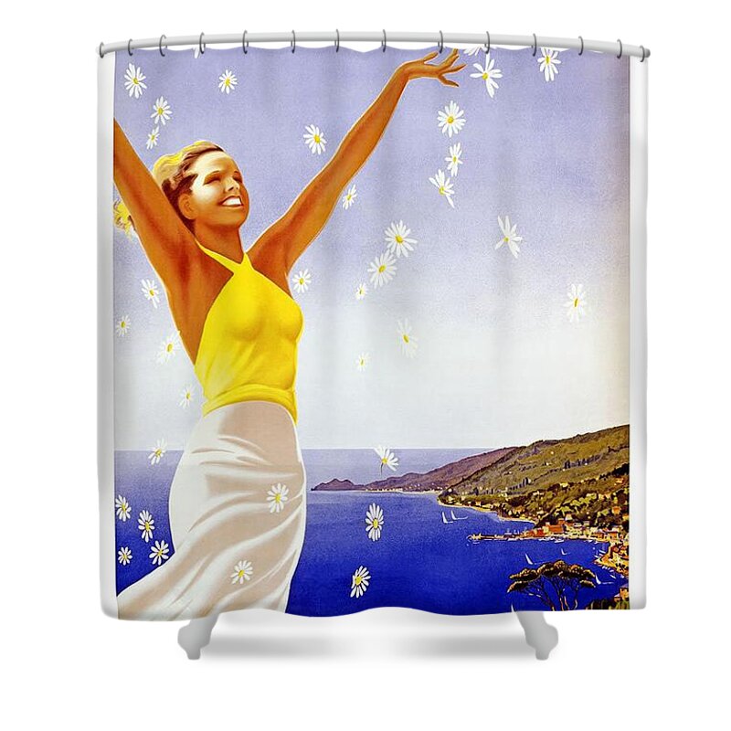 Santa Shower Curtain featuring the mixed media Santa Margherita Ligure - Woman Throwing Daisies In The Air - Retro travel Poster - Vintage Poster by Studio Grafiikka