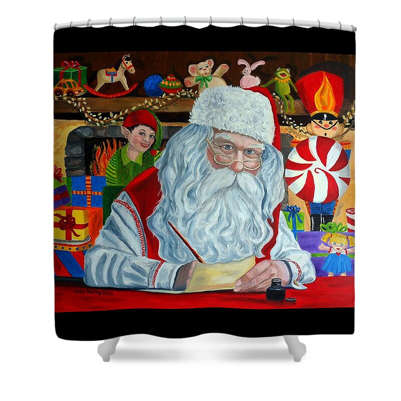 Santa Shower Curtain featuring the painting Santa's Making A List-Christmas Holiday painting by Julie Brugh Riffey