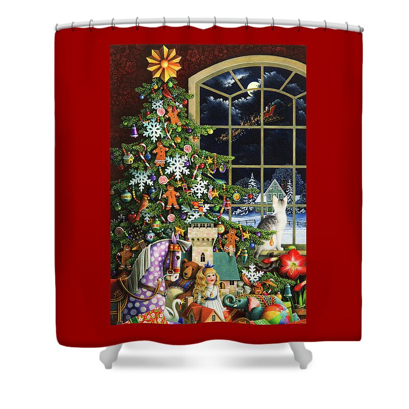 Christmas Card Shower Curtain featuring the painting Santa's Visit by Lynn Bywaters