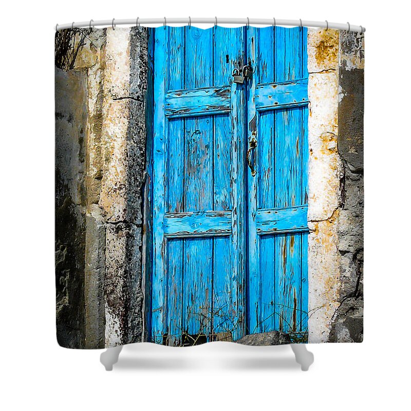 Santorini Shower Curtain featuring the photograph Santorini Blue Door by Pamela Newcomb