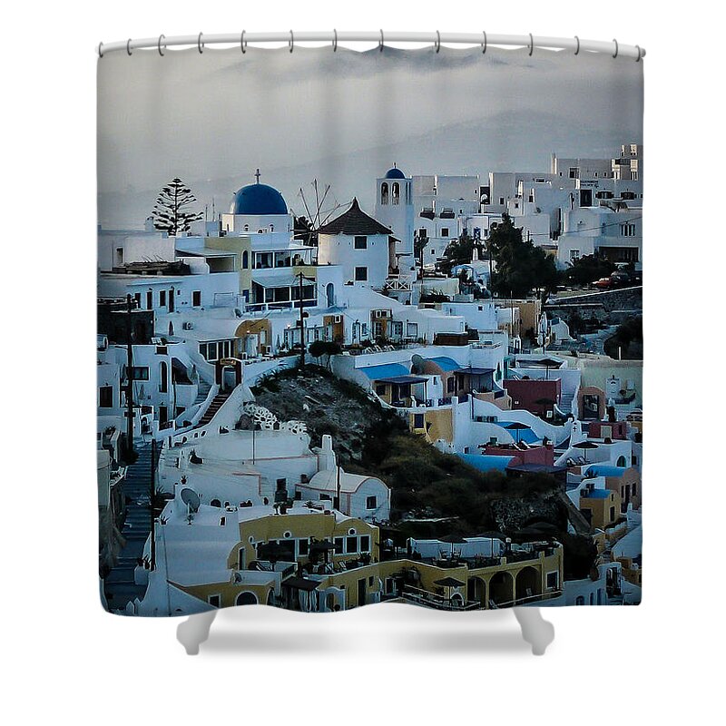 Greece Shower Curtain featuring the photograph Santorini Misty Morn by Pamela Newcomb