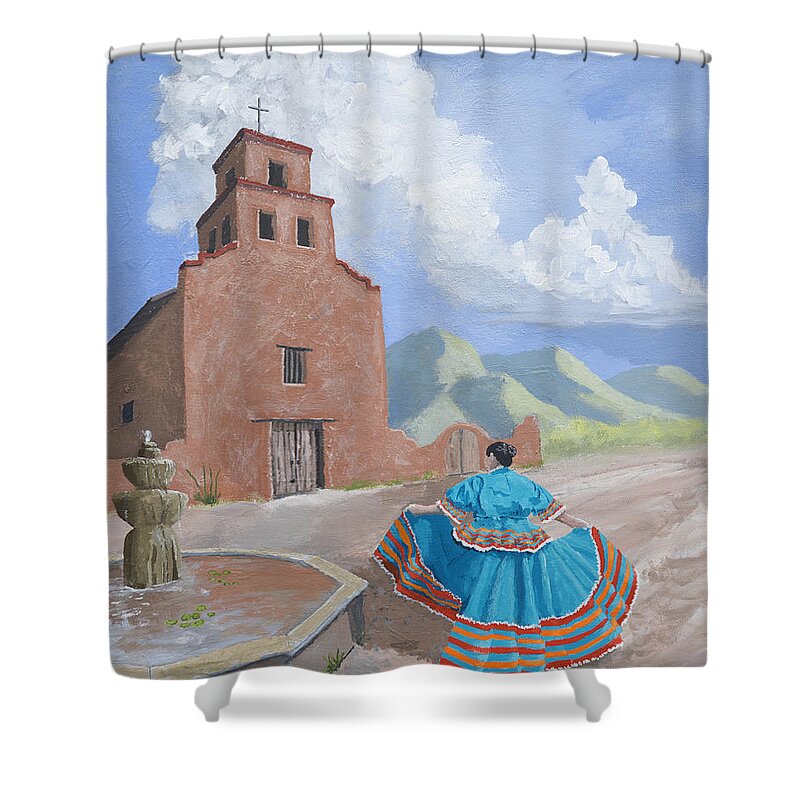Mission Shower Curtain featuring the painting Santurario de Guadalupe by Jerry McElroy
