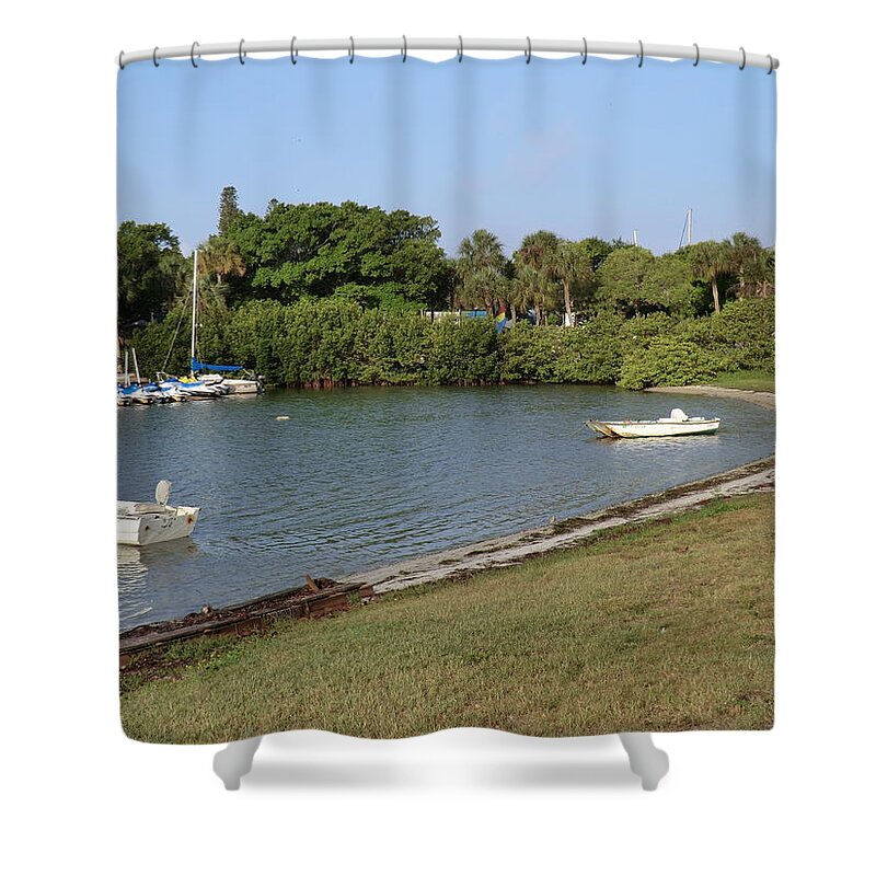 Boats Waterfront Summer Fl Florida Sunshine States America U.s.a Water Beach Tropical Palm Trees Vacation Us Shower Curtain featuring the digital art Sarasota, Florida by Jeanette Rode Dybdahl