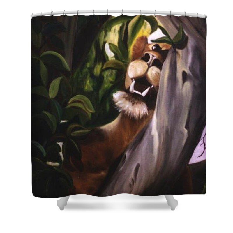 Lion Shower Curtain featuring the painting Satisfied by Renate Wesley