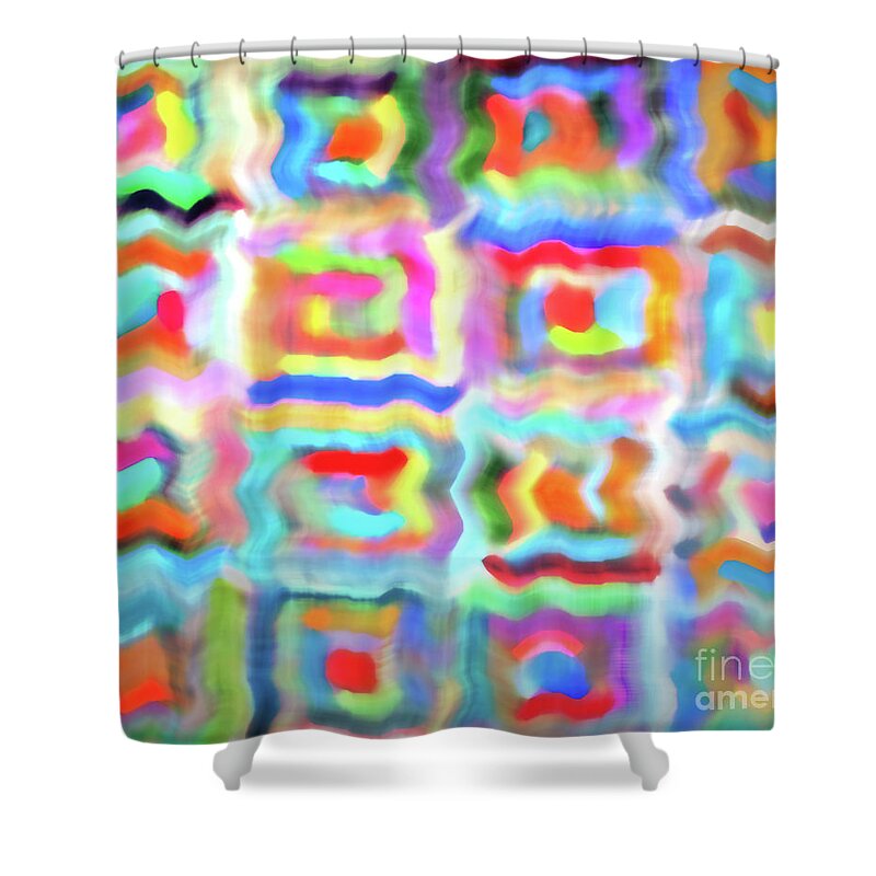 Quilt Saturday Colorful Abstract Batik Crazy Fun Quilting Needlework Painting Digital Squares Lines Wild Appealing Visual Scrapy Log Cabin Fiber Gwyn Newcombe Shower Curtain featuring the photograph Saturday Quilting Muse by Gwyn Newcombe