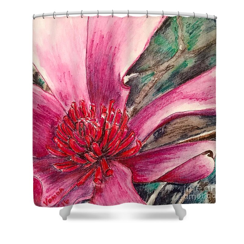 Macro Shower Curtain featuring the drawing Saucy Magnolia by Vonda Lawson-Rosa