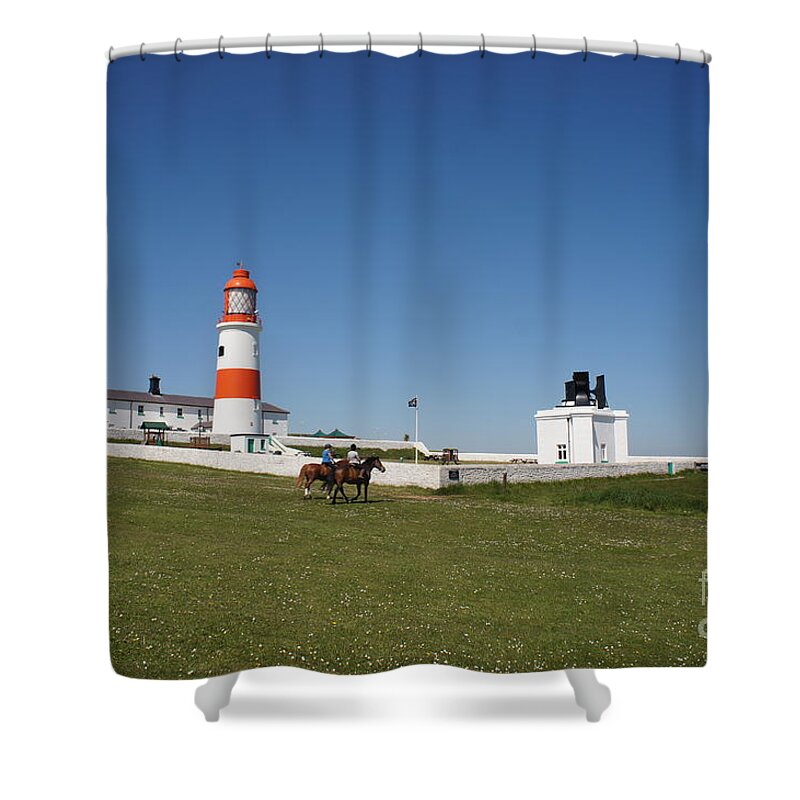 Lighthouse Shower Curtain featuring the photograph Souter Lighthouse and foghorn. by Elena Perelman