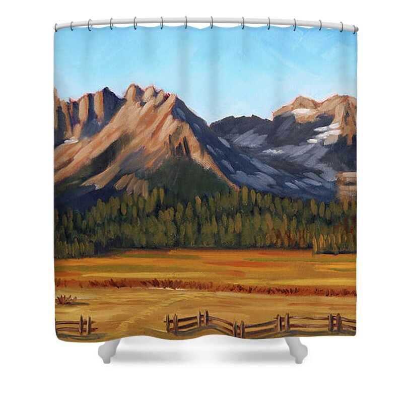 Sawtooth Mountains Shower Curtain featuring the painting Sawtooth Mountains - Iron Creek by Kevin Hughes