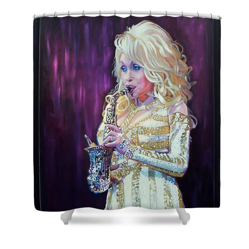 Dolly Parton Painting Shower Curtain featuring the painting Saxy Dolly by Maria Modopoulos