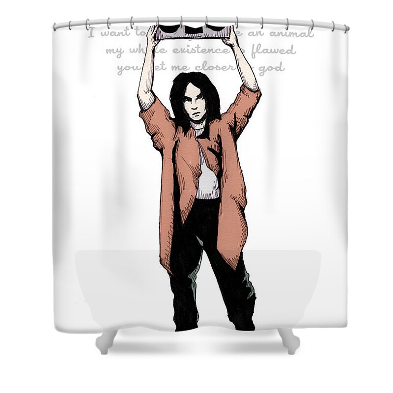 Nine Shower Curtain featuring the drawing Say Anything Closer by Ludwig Van Bacon