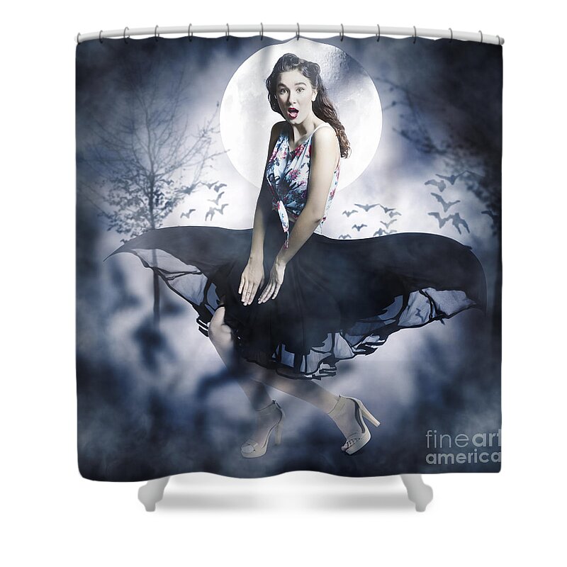 Horror Shower Curtain featuring the photograph Scared young woman in eerie halloween forest by Jorgo Photography