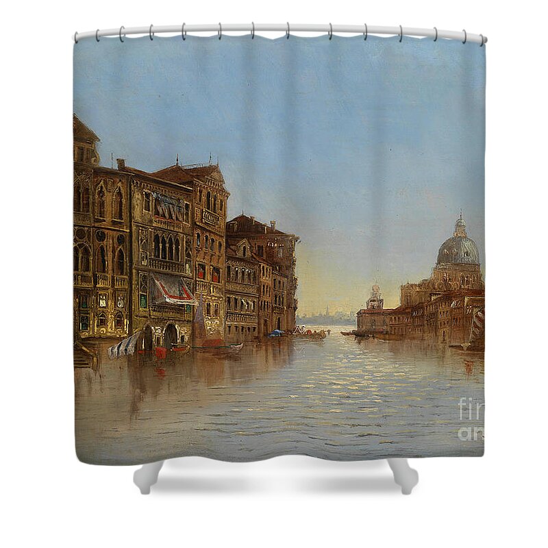 Karl Kaufmann Shower Curtain featuring the painting Scene of Venice with a View of the Santa Maria della Salute by Celestial Images