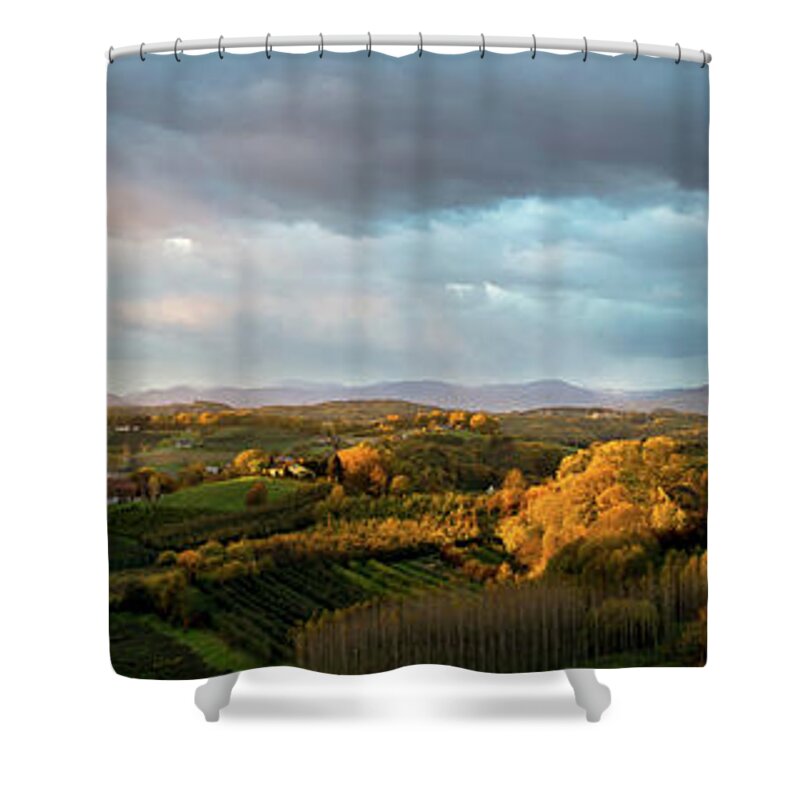 Landscape Shower Curtain featuring the photograph Scenic Autumnal Landscape at Sunset in Austria by Andreas Berthold