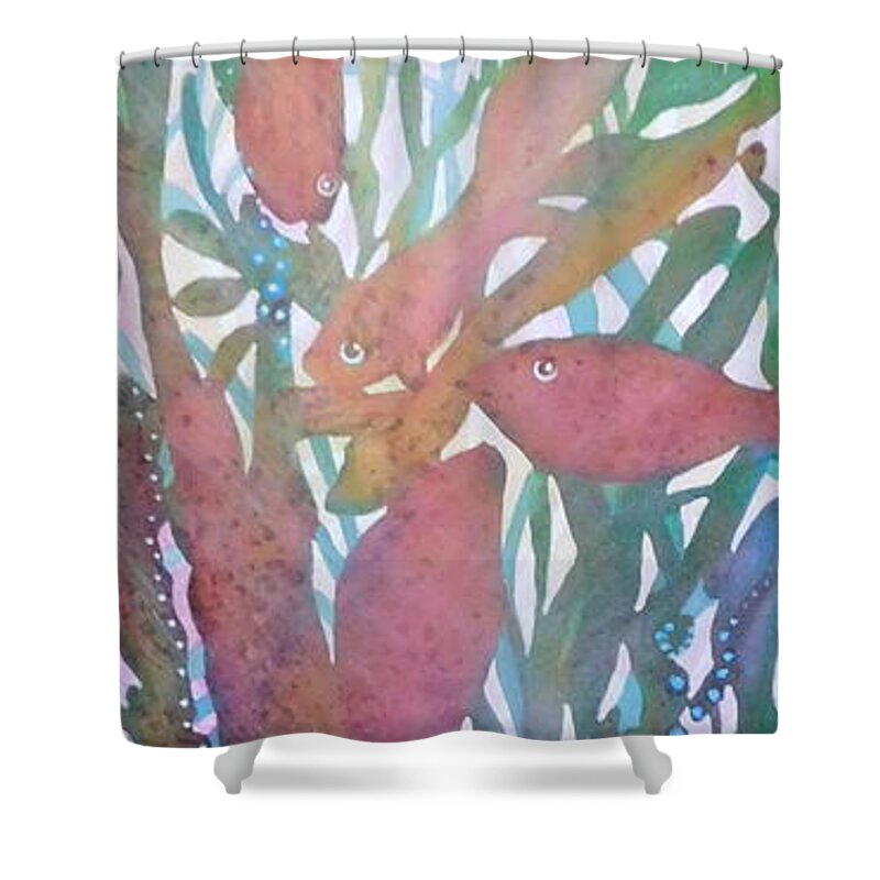I Used Multiple Layers Of Transparent Acrylic Paint To Represent A School Of Make-believe Fish Swimming In An Imaginary Sea. I Find The Soft Colors Soothing And The 12 X 36 Wrap-around Stretched Canvas Shape Particularly Versatile. Shower Curtain featuring the painting School Daze by Joan Clear