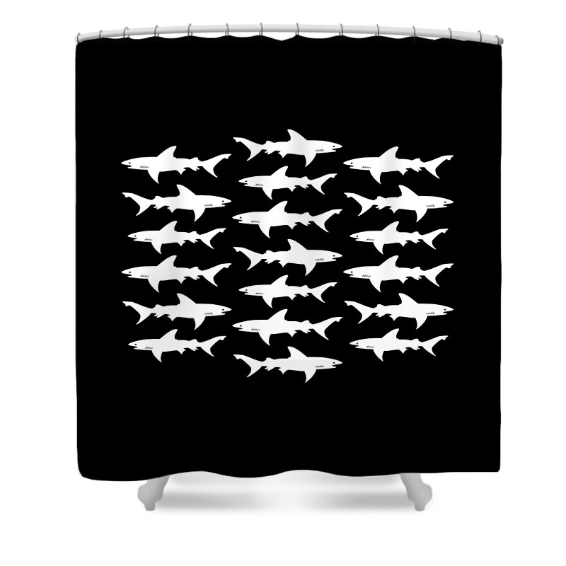 Sharks Shower Curtain featuring the digital art School of Sharks Black and White by Antique Images 
