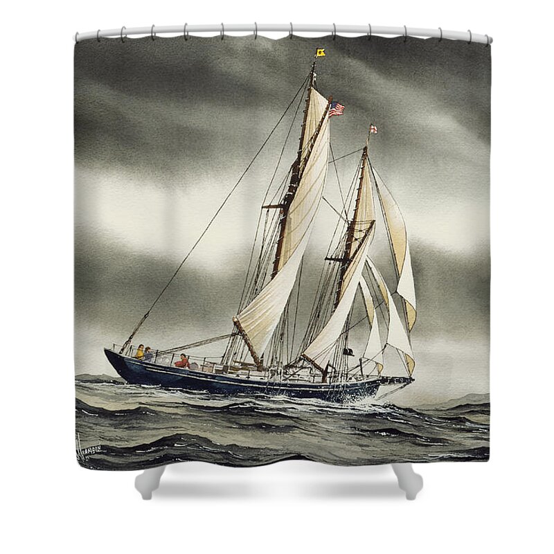Tall Ship Print Shower Curtain featuring the painting Schooner BLACKFISH by James Williamson