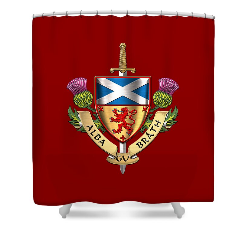 “world Heraldry” Collection Serge Averbukh Shower Curtain featuring the digital art Scotland Forever - Alba Gu Brath - Symbols of Scotland over Red Velvet by Serge Averbukh