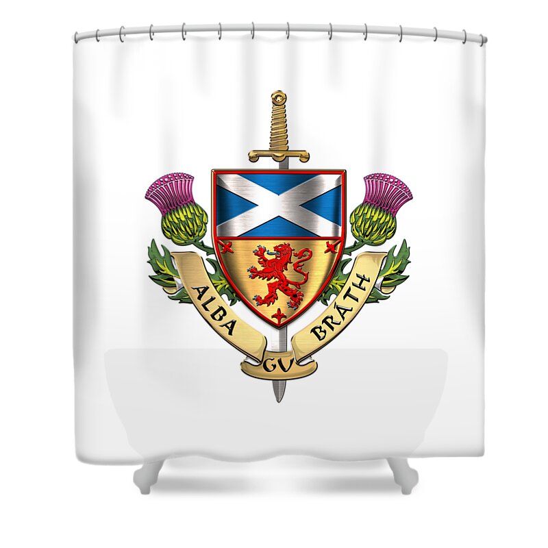 “world Heraldry” Collection Serge Averbukh Shower Curtain featuring the digital art Scotland Forever - Alba Gu Brath - Symbols of Scotland over White Leather by Serge Averbukh