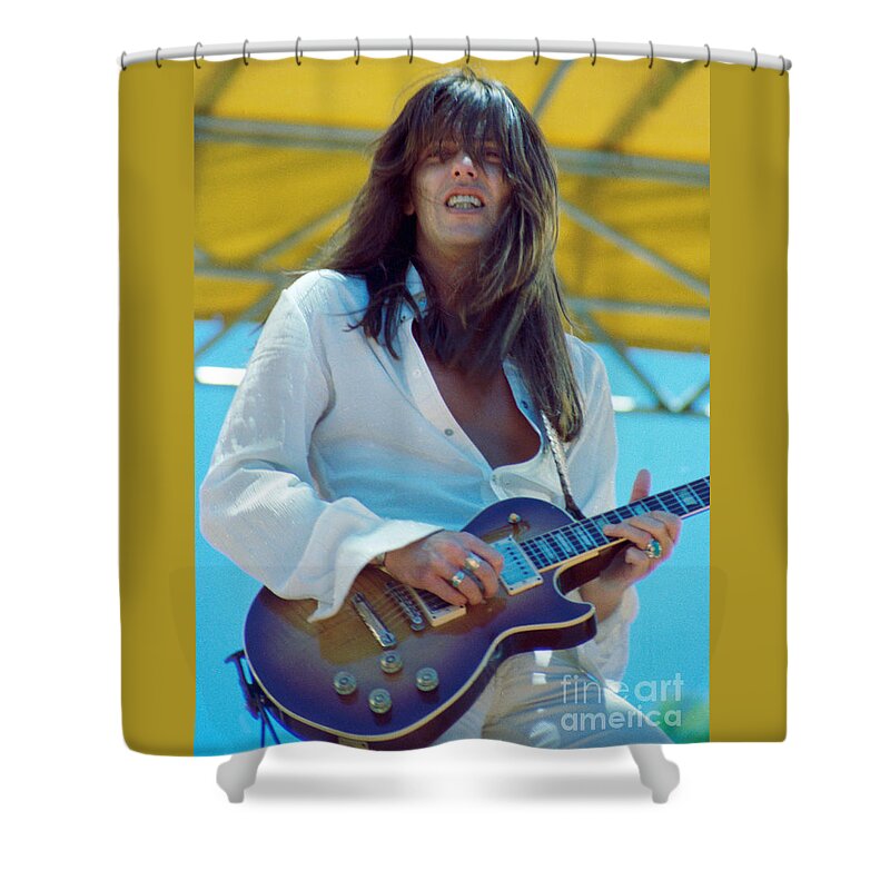 Scott Gorham Shower Curtain featuring the photograph Scott Gorham of Thin Lizzy Black Rose tour at Day on the Green 4th of July 1979 - 1st Color Release by Daniel Larsen