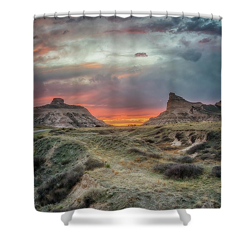 Scotts Bluff Shower Curtain featuring the photograph Scotts Bluff Sunset by Susan Rissi Tregoning