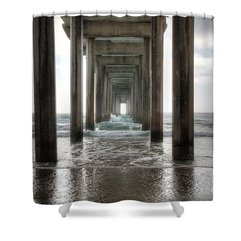 Scripps Shower Curtain featuring the photograph Scripps Pier by Eddie Yerkish
