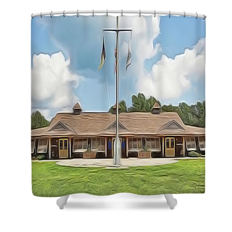 Camp Sea Gull Shower Curtain featuring the painting Sea Gull Dinning Hall by Harry Warrick