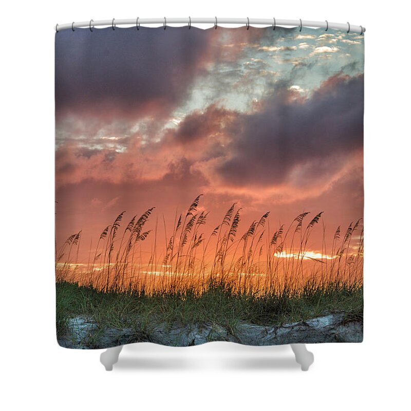 Sunset Print Shower Curtain featuring the digital art Sea Oats Sunset by Phil Mancuso