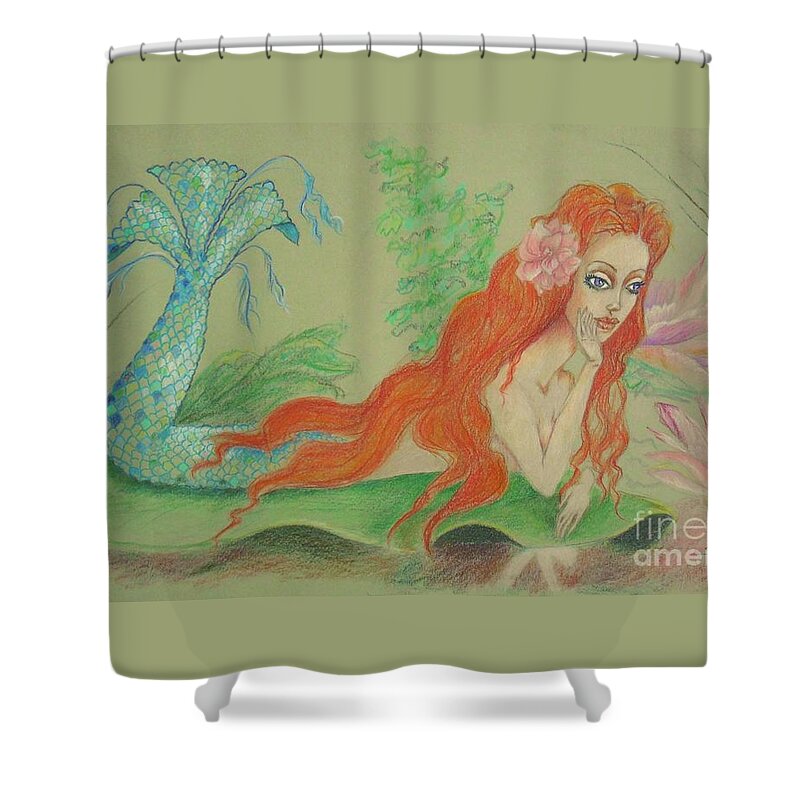 Mermaid Shower Curtain featuring the drawing Sea Siren, Resting -- Whimsical Mermaid Drawing by Jayne Somogy
